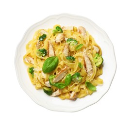 Photo of Delicious pasta Alfredo with chicken, cheese, broccoli and basil isolated on white, top view