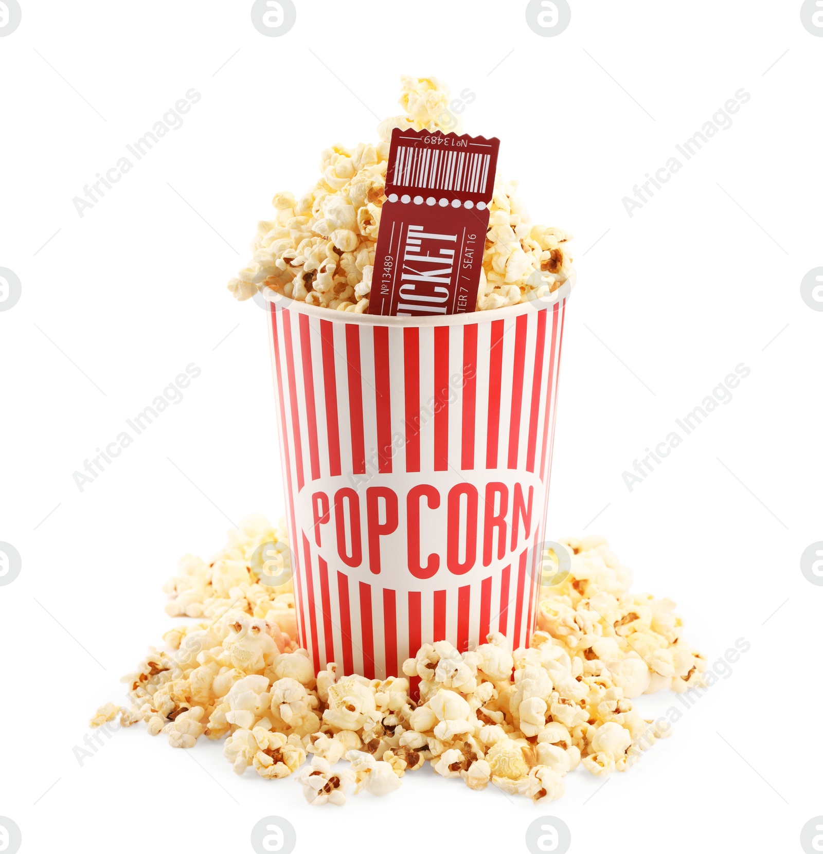 Photo of Tasty popcorn and movie ticket isolated on white