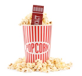 Photo of Tasty popcorn and movie ticket isolated on white