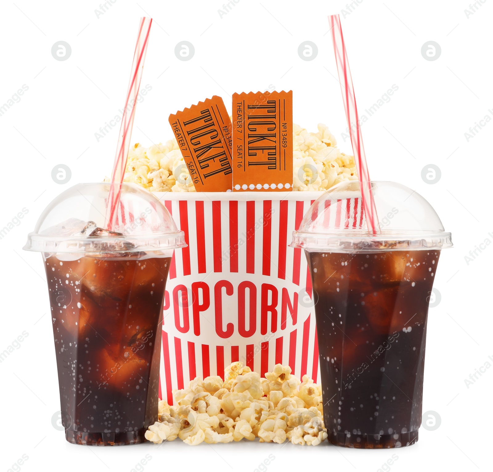 Photo of Tasty popcorn, drinks and movie tickets isolated on white