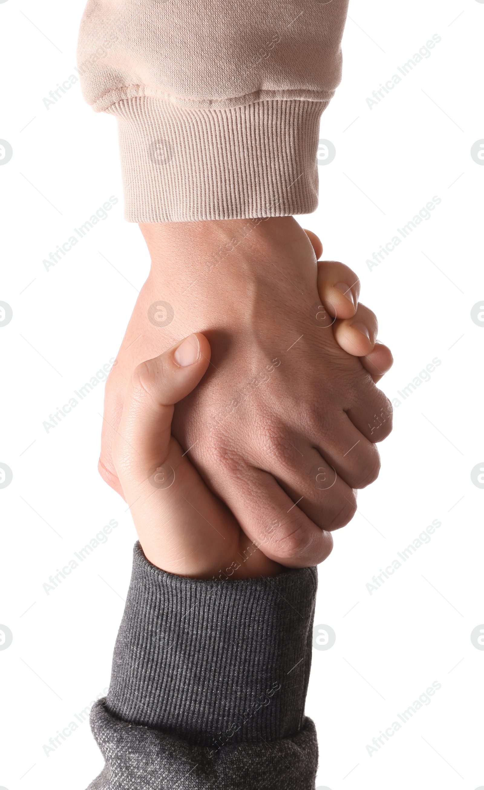 Photo of Help and support. People holding hands on white background, closeup