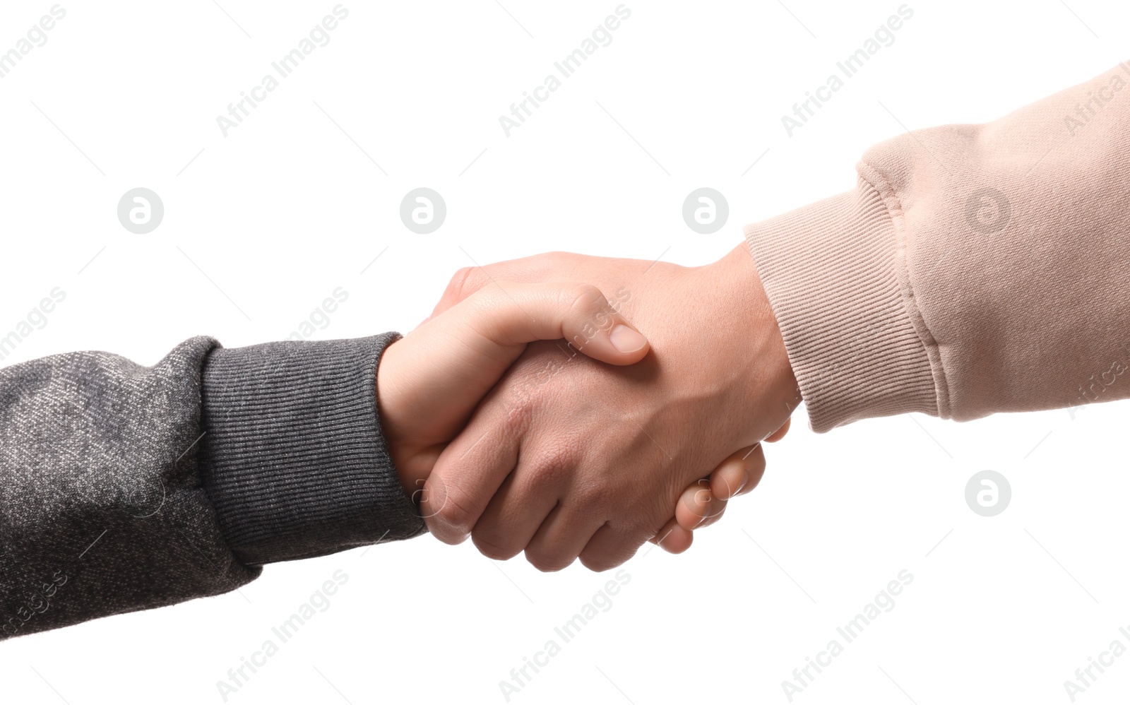 Photo of Help and support. People holding hands on white background, closeup