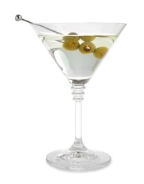 Photo of Martini cocktail with olives in glass isolated on white