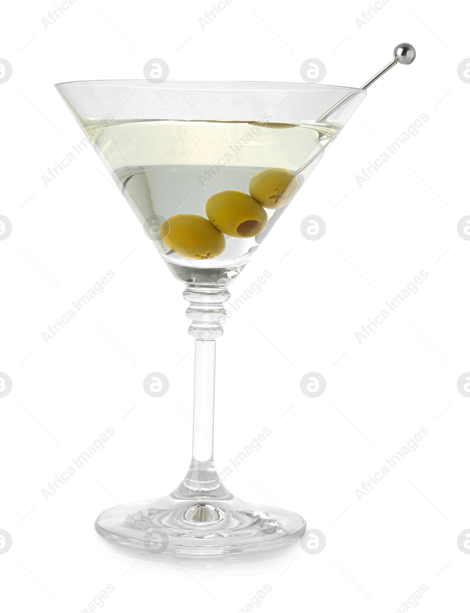 Photo of Martini cocktail with olives in glass isolated on white