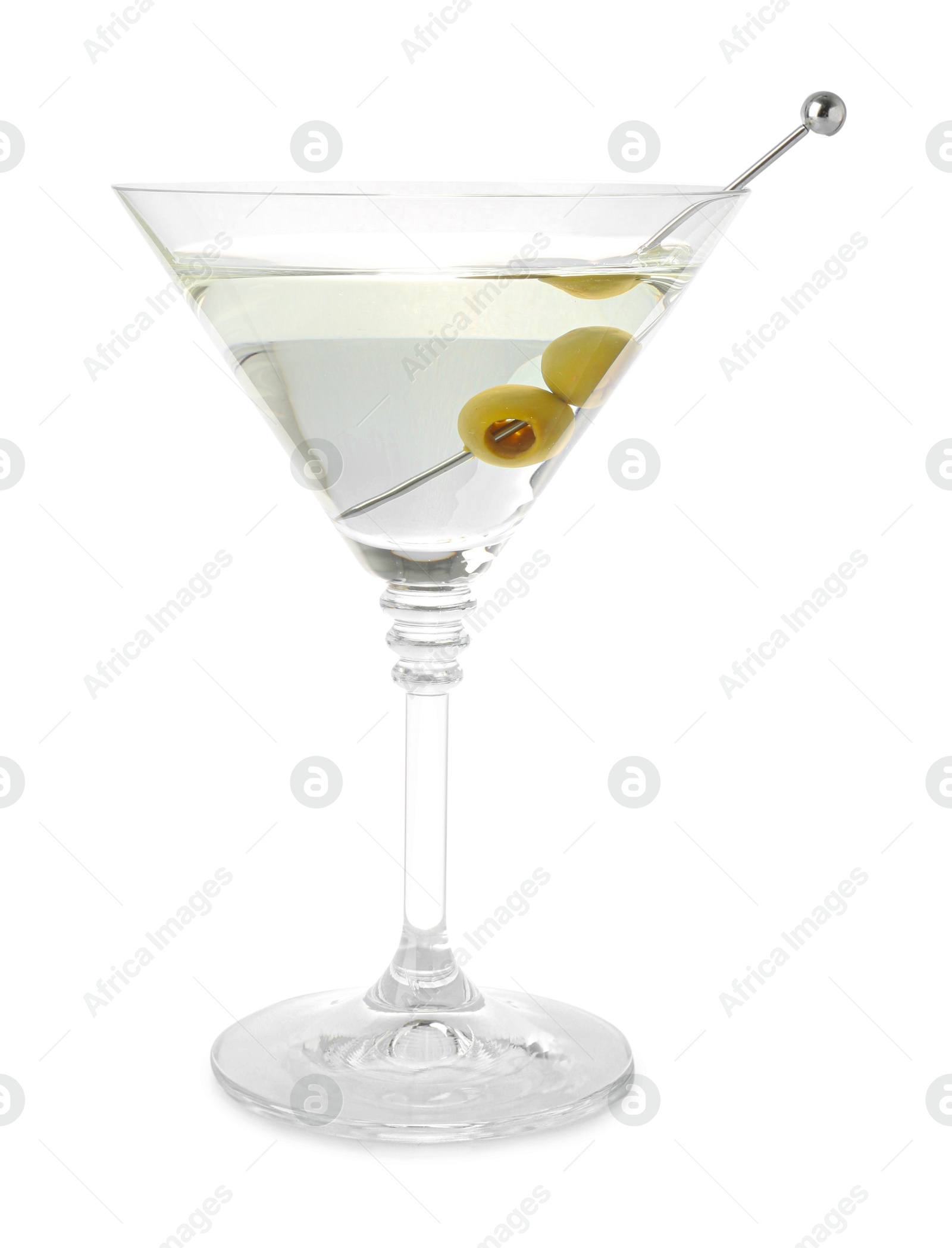 Photo of Martini cocktail with olives in glass isolated on white