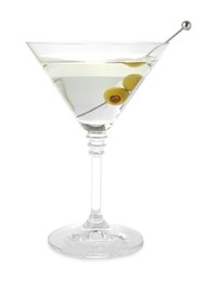 Photo of Martini cocktail with olives in glass isolated on white