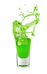 Photo of Delicious absinthe splashing in shot glass on white background