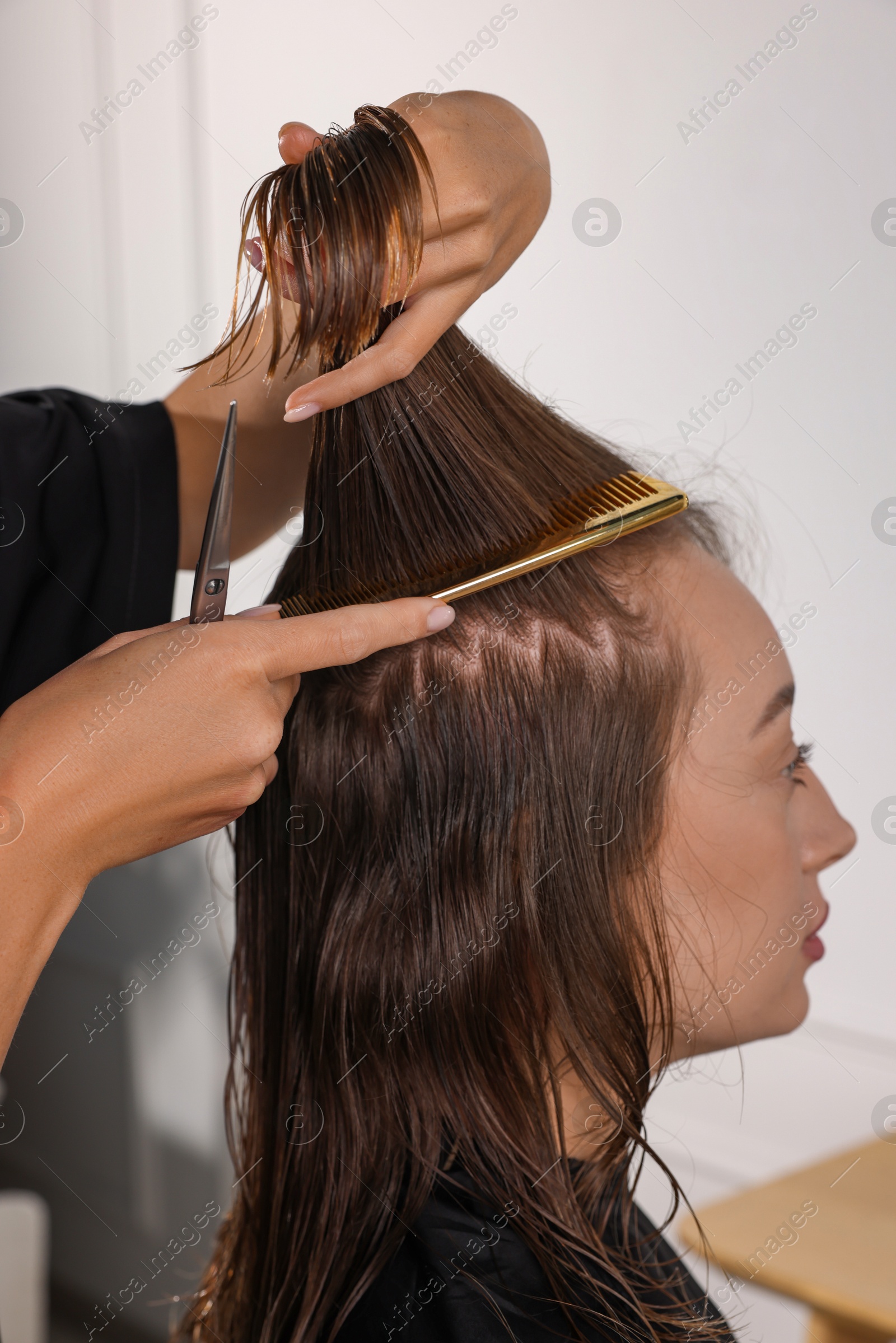 Photo of Hair cutting. Professional hairdresser working with client in salon, closeup