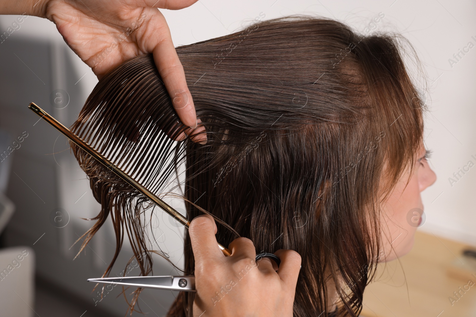 Photo of Hair cutting. Professional hairdresser working with client in salon, closeup