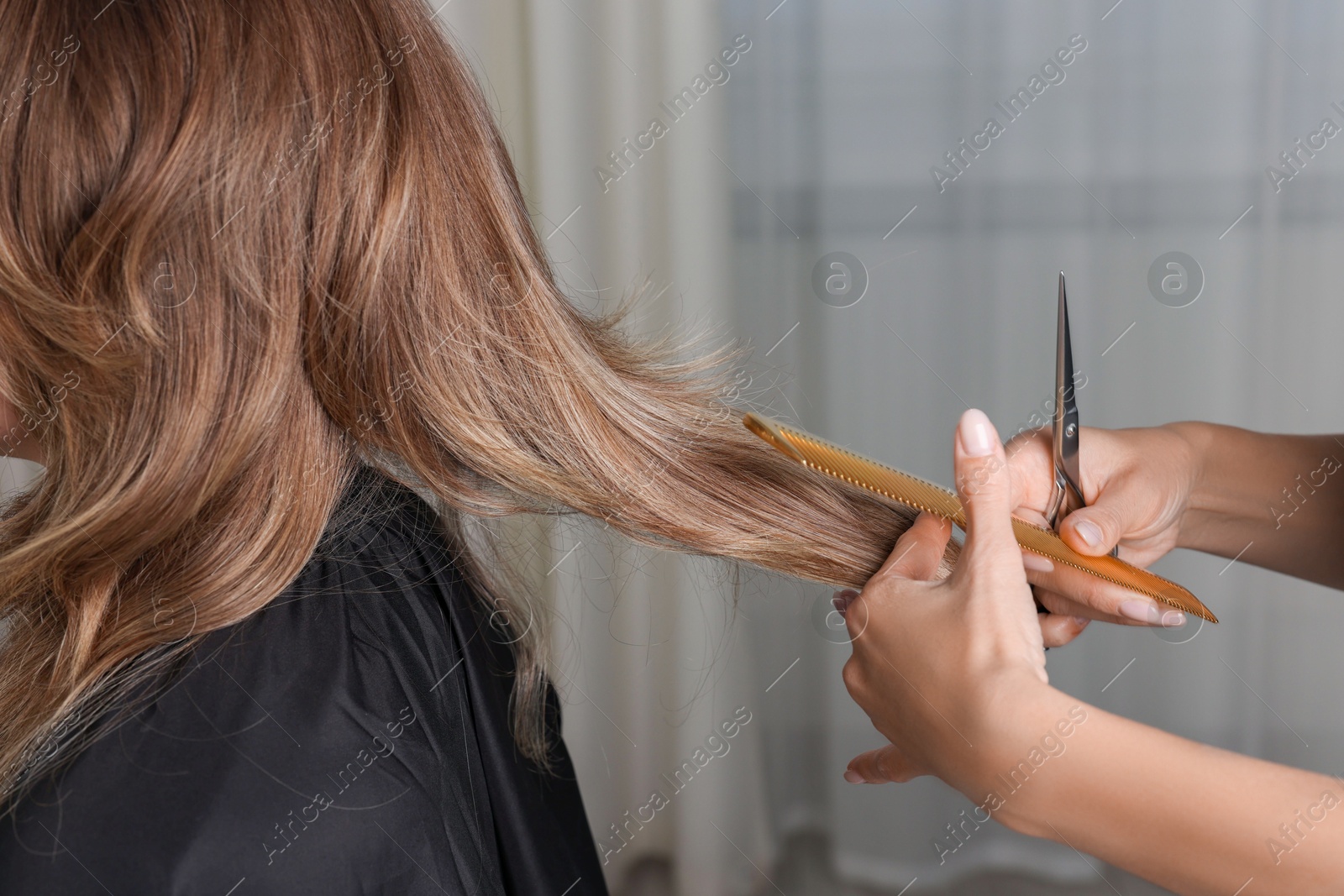 Photo of Hairdresser cutting client's hair with scissors in salon, closeup