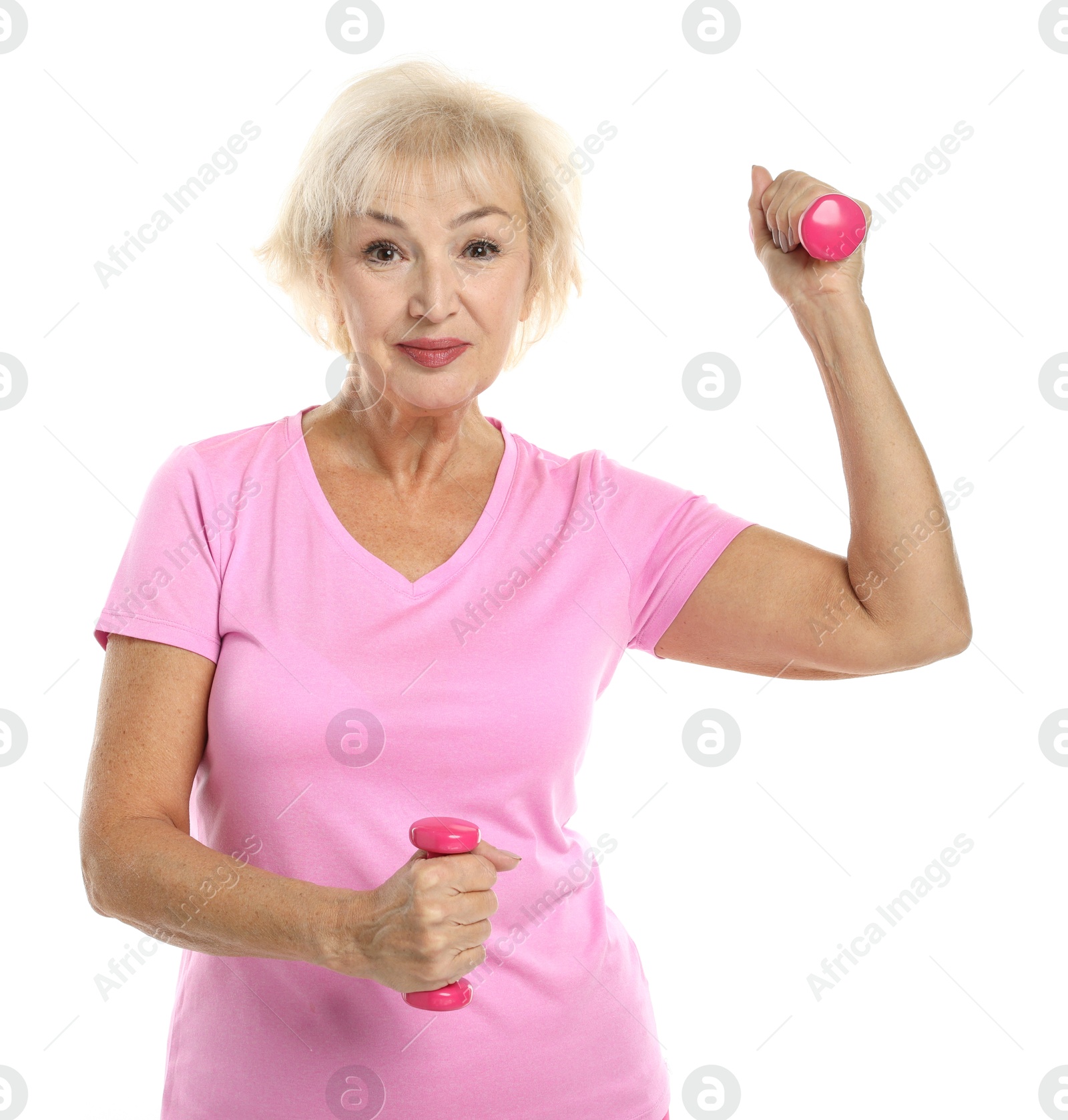 Photo of Senior woman exercising with dumbbells on white background