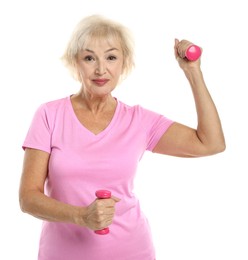 Photo of Senior woman exercising with dumbbells on white background