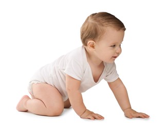 Photo of Cute little baby crawling on white background