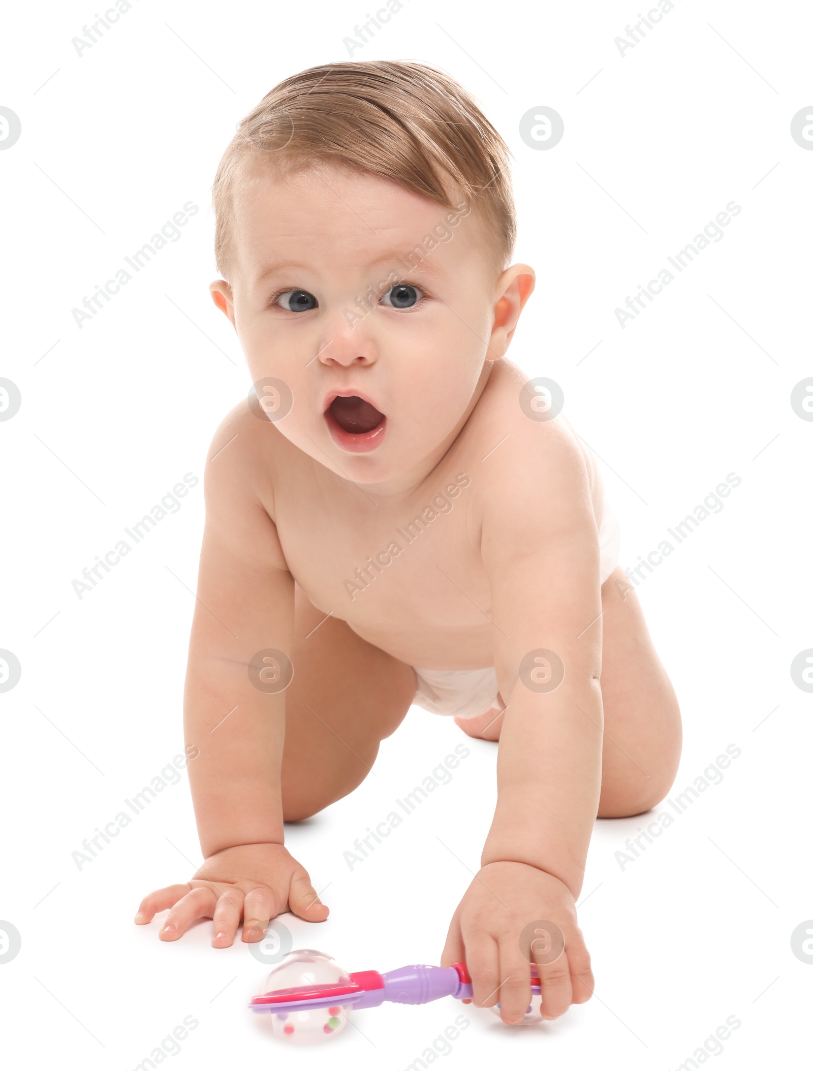 Photo of Cute little baby in diaper with toy on white background