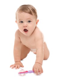 Photo of Cute little baby in diaper with toy on white background