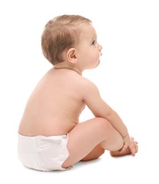 Photo of Cute little baby in diaper on white background