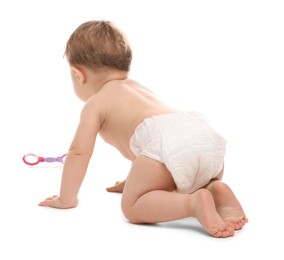 Photo of Cute little baby in diaper on white background