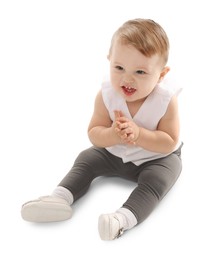 Photo of Cute little baby sitting on white background