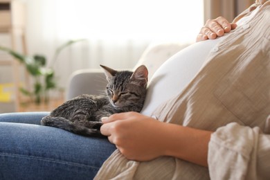 Photo of Pregnant woman with cute cat sleeping at home, closeup