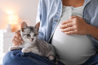 Photo of Pregnant woman with cute cat at home, closeup