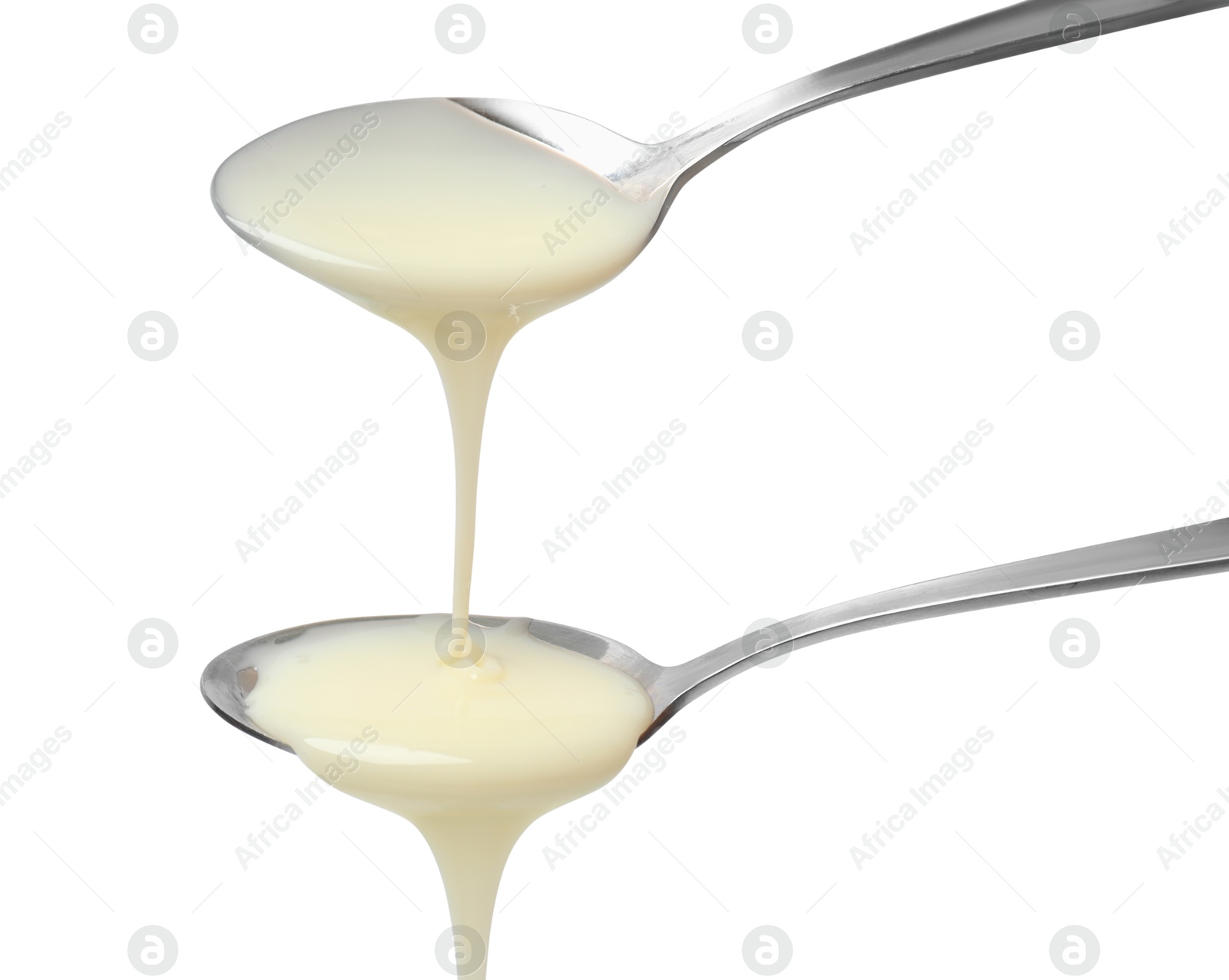 Photo of Condensed milk flowing down from spoons isolated on white