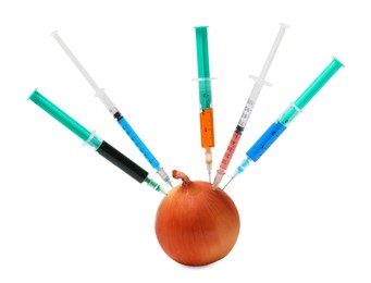 Photo of GMO concept. Fresh onion and syringes isolated on white