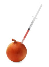 Photo of GMO concept. Fresh onion and syringe isolated on white