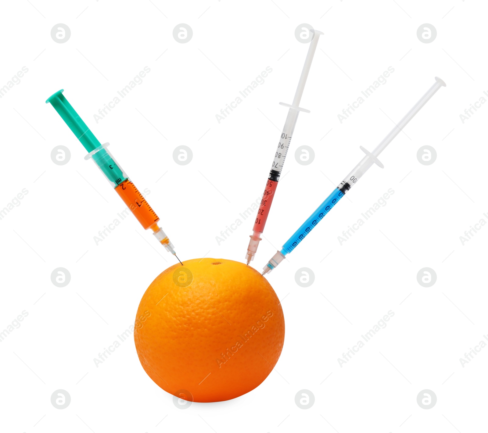 Photo of GMO concept. Fresh orange and syringes isolated on white