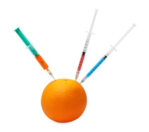 Photo of GMO concept. Fresh orange and syringes isolated on white