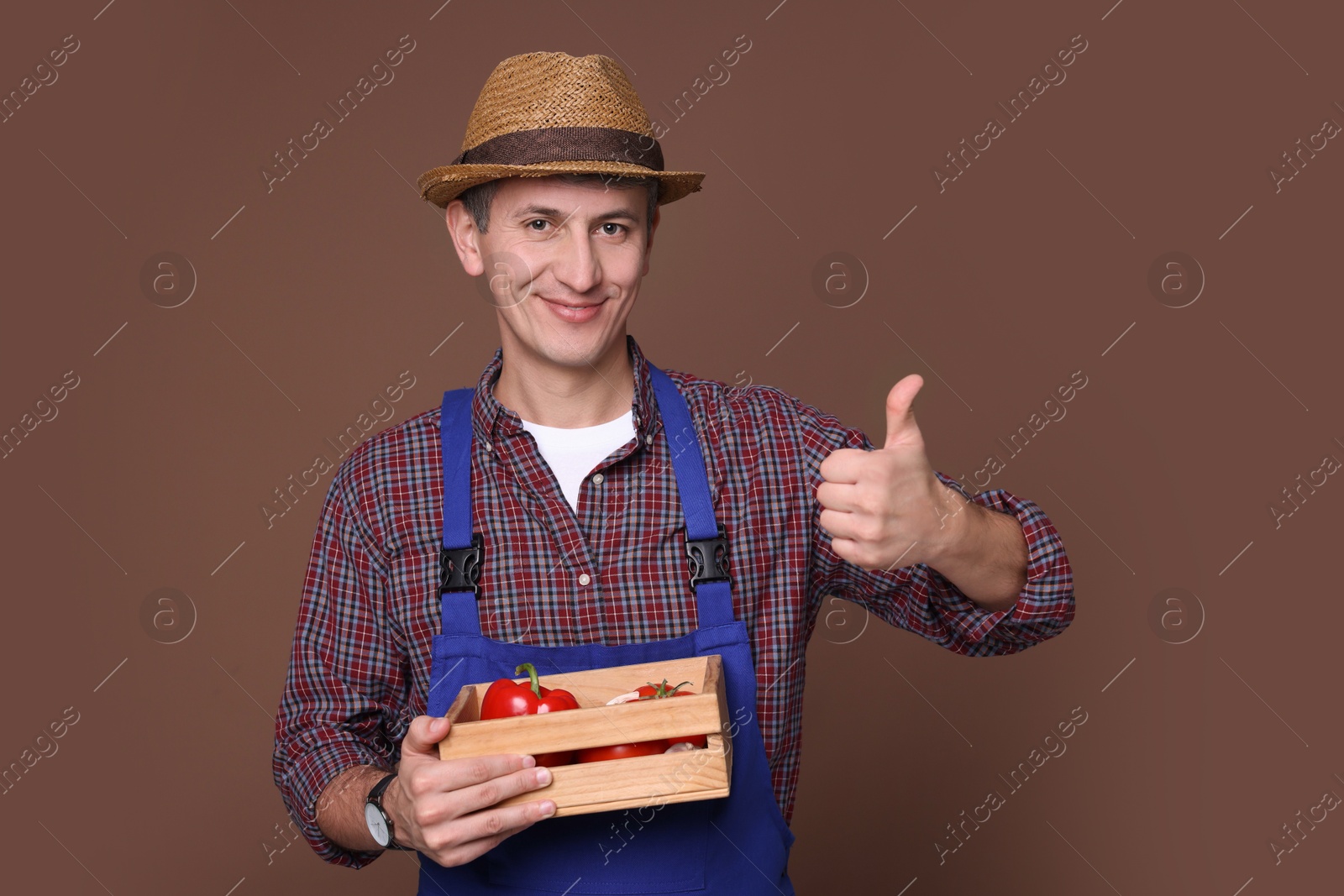 Photo of Farmer with vegetables showing thumbs up on brown background