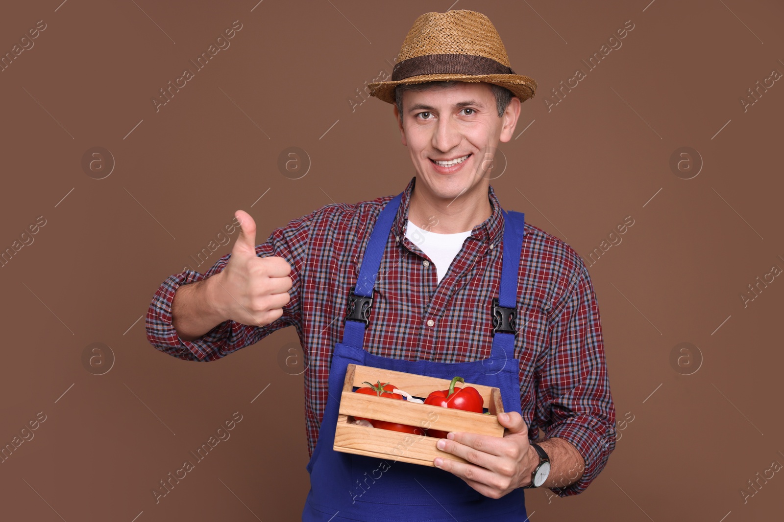 Photo of Farmer with vegetables showing thumbs up on brown background