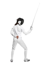 Photo of Fencer with epee practicing on white background