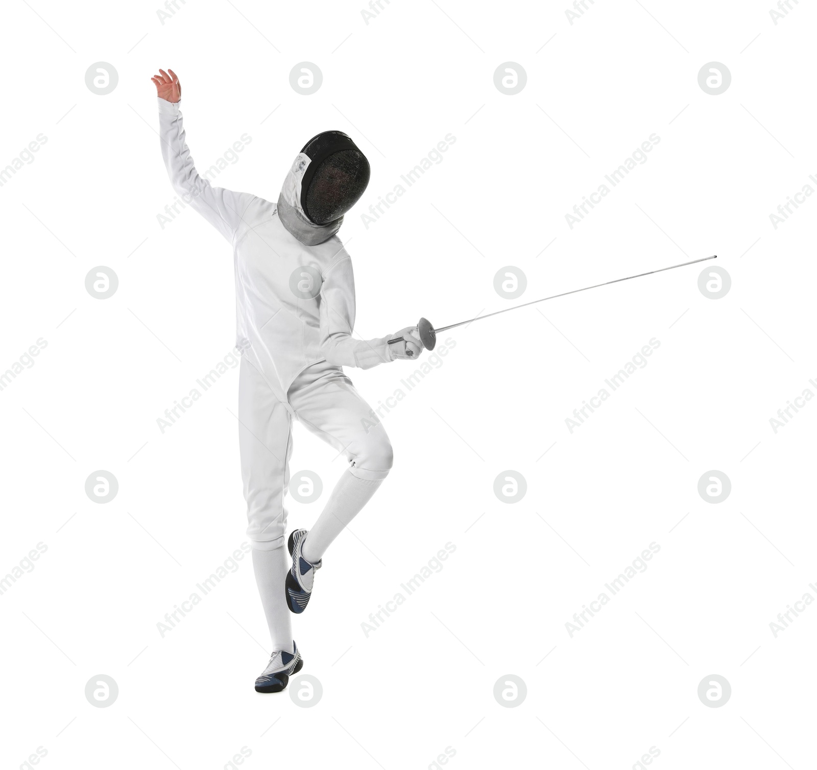 Photo of Fencer with epee practicing on white background