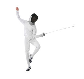 Photo of Fencer with epee practicing on white background