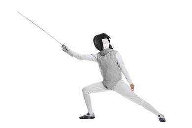 Photo of Fencer with epee practicing on white background