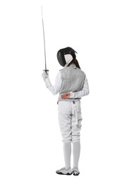 Photo of Fencer with epee on white background. Combat sport