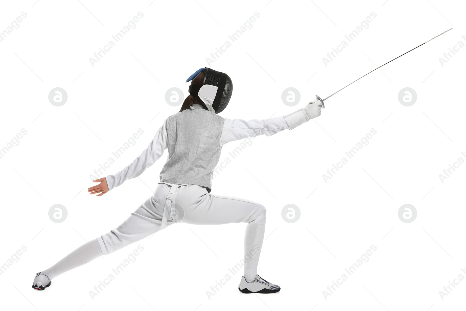 Photo of Fencer with epee practicing on white background