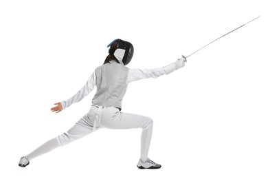 Photo of Fencer with epee practicing on white background