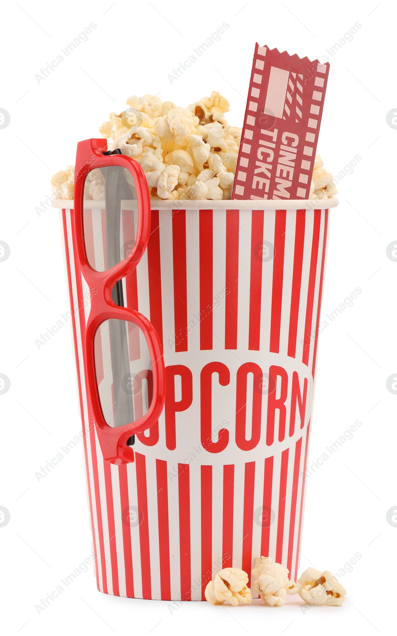 Photo of Tasty popcorn, glasses and movie ticket isolated on white