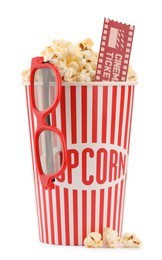 Photo of Tasty popcorn, glasses and movie ticket isolated on white