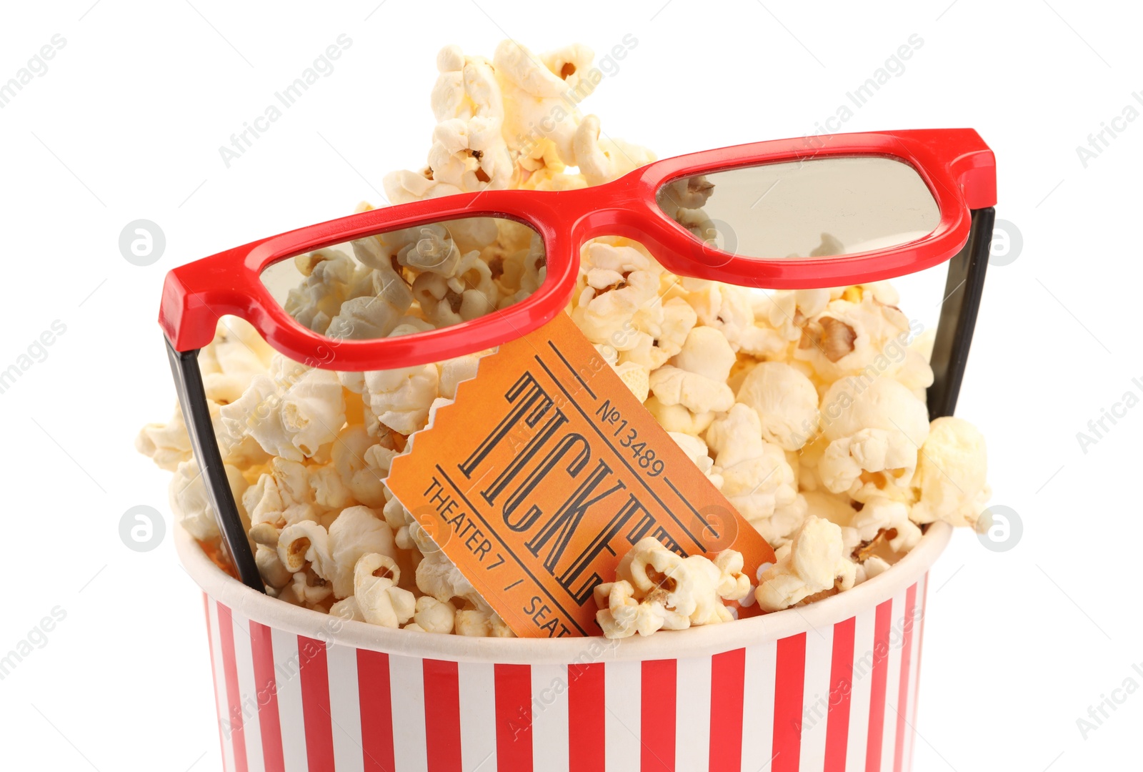 Photo of Tasty popcorn, glasses and movie ticket isolated on white