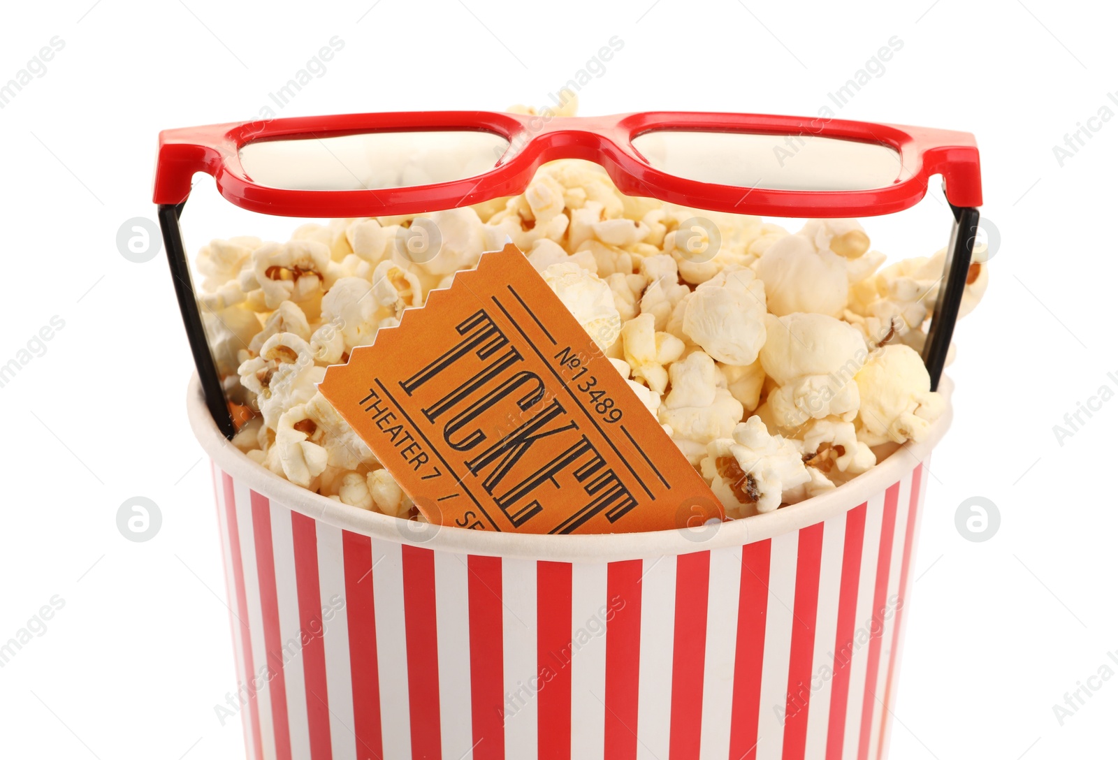 Photo of Tasty popcorn, glasses and movie ticket isolated on white