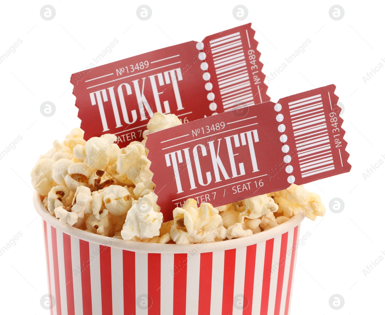 Photo of Tasty popcorn and movie tickets isolated on white