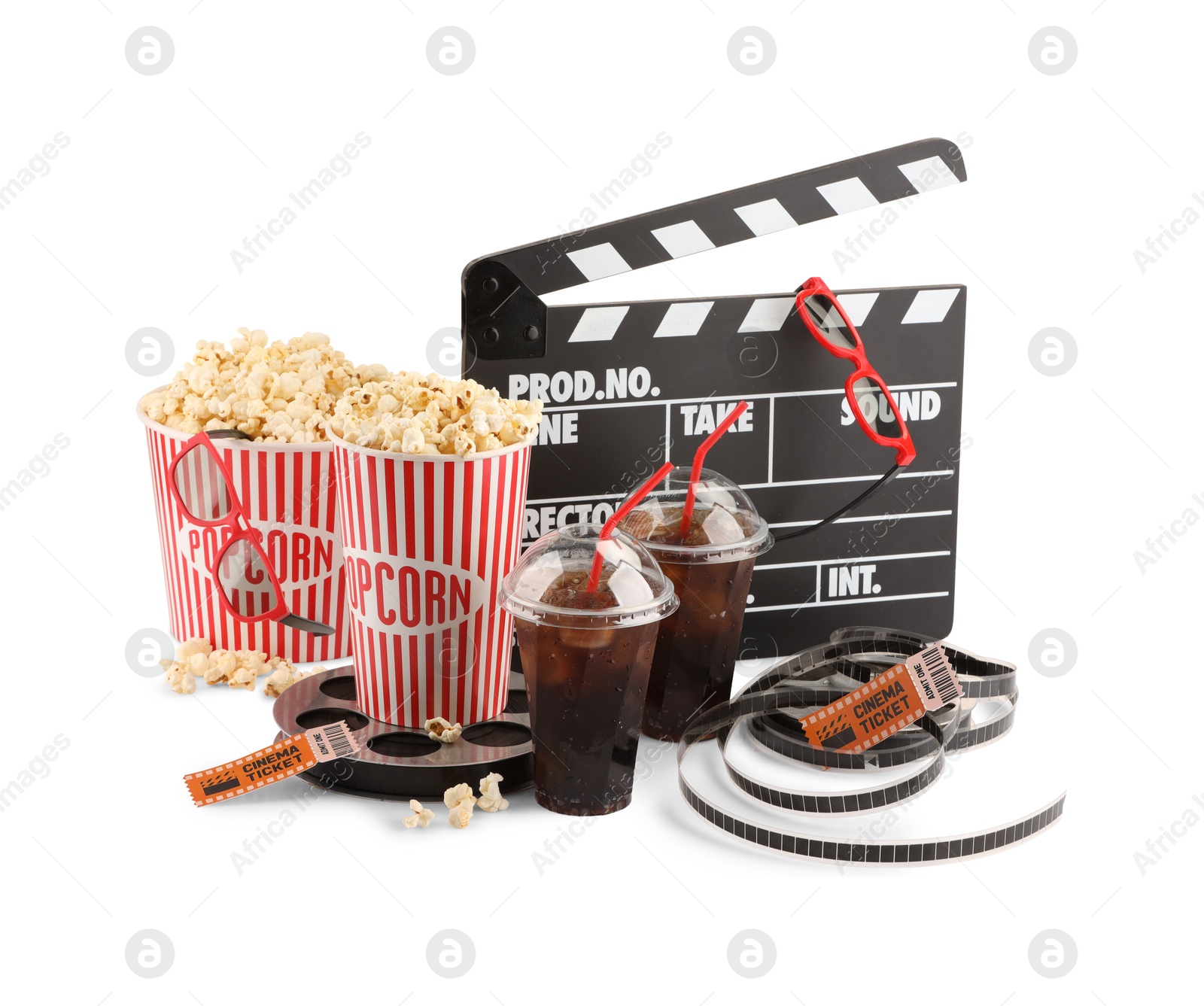 Photo of Tasty popcorn, glasses, film reels, soda drinks, clapper and movie tickets isolated on white