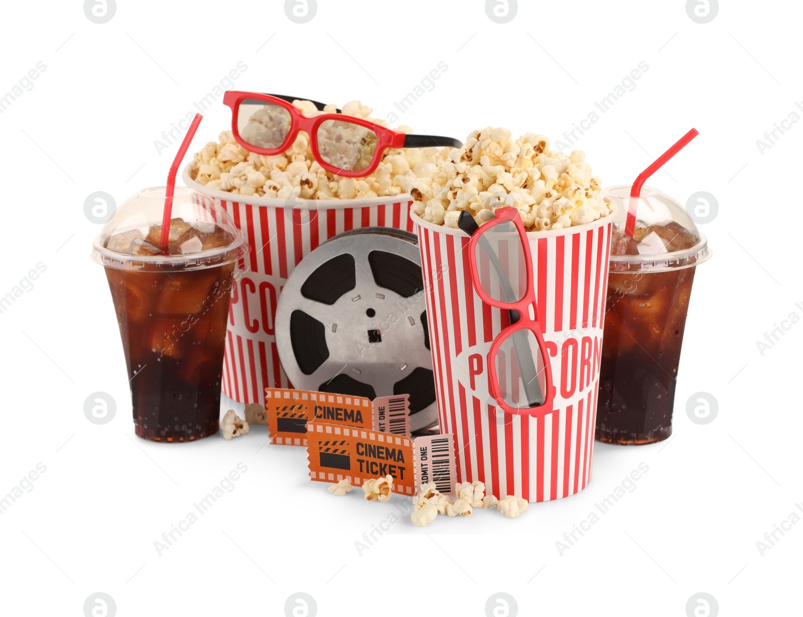 Photo of Tasty popcorn, film reel, glasses, clapper, soda drinks and movie tickets isolated on white