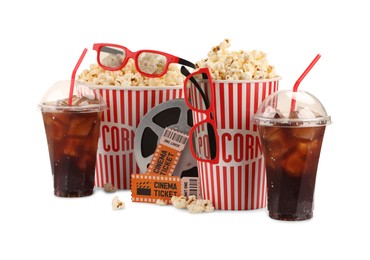 Photo of Tasty popcorn, film reel, glasses, clapper, soda drinks and movie tickets isolated on white