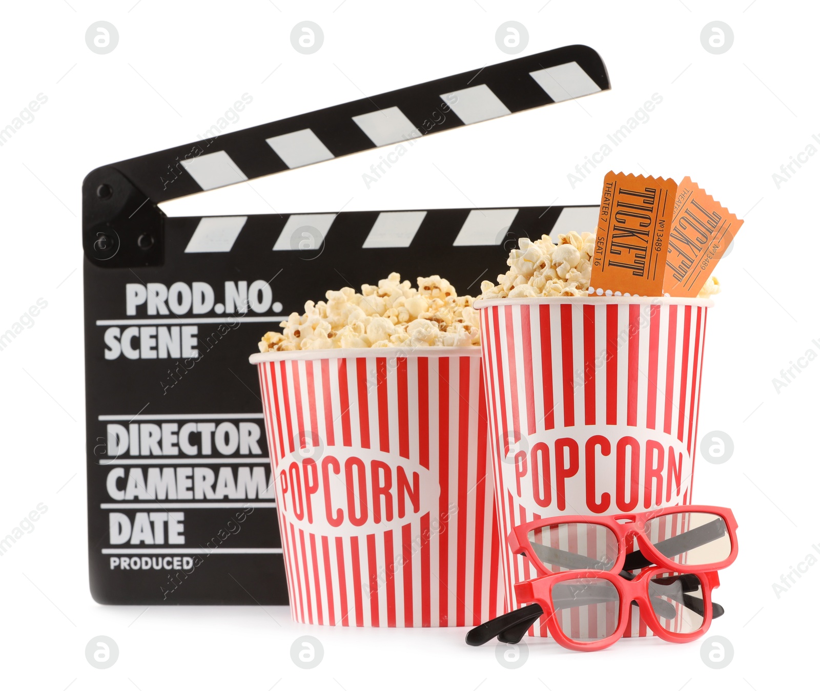 Photo of Tasty popcorn, clapper, glasses and movie tickets isolated on white