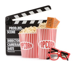 Photo of Tasty popcorn, clapper, glasses and movie tickets isolated on white