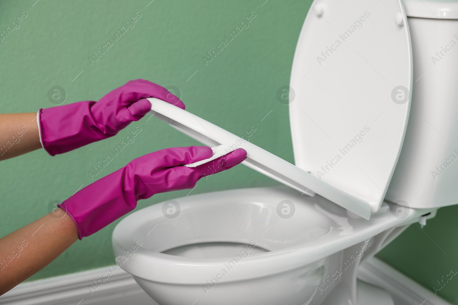 Photo of Woman cleaning toilet seat in restroom, closeup