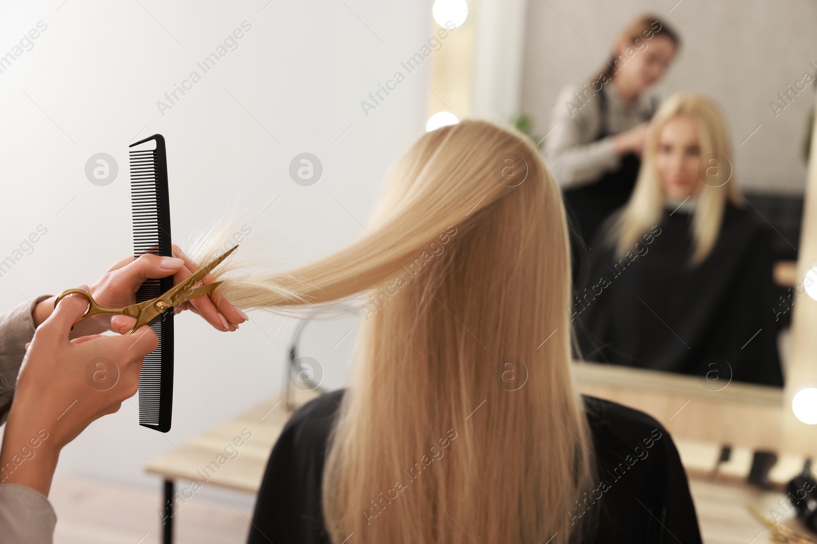 Photo of Hairdresser cutting client's hair with scissors in salon, closeup